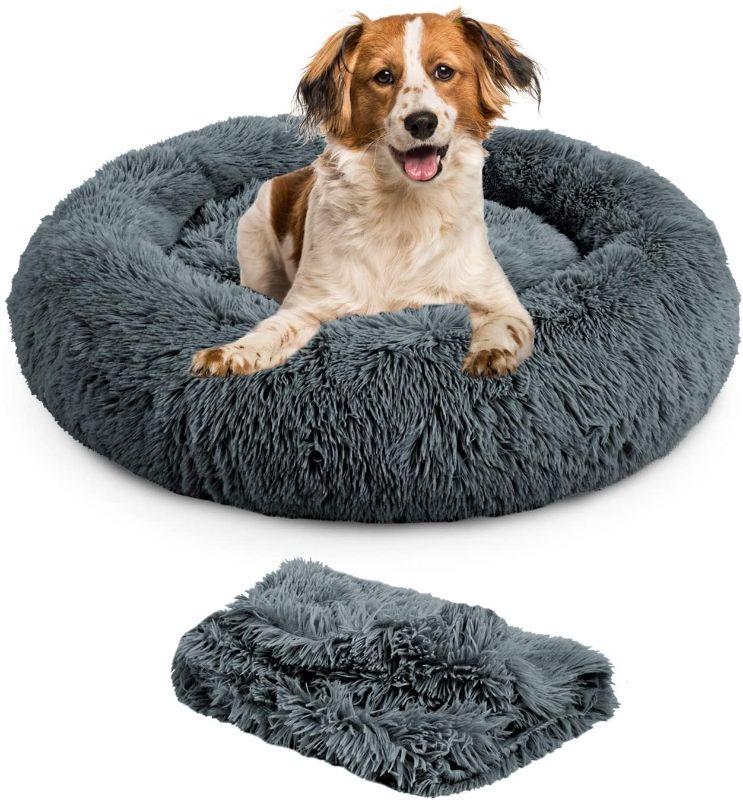 Photo 1 of  Calming Dog Bed Anti-Anxiety Donut Cat Ded Warming Cozy Soft Round Dog Bed with Removable Blanket for Large Medium Small Dogs and Cats (23"/30"/36"/66")
