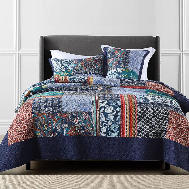 Photo 1 of 100% Cotton Patchwork Quilt king Queen Size, Navy Pre-Washed 3-Piece Bedspread Coverlet Set, Cozy Real Stitched Decorative Bedding Cover& 2 Shams in Floral Pattern Botanical Style for All Season
