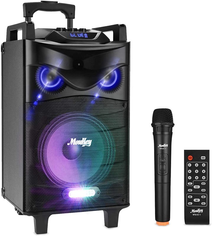 Photo 1 of Moukey 520 Watt Outdoor Portable Wireless Connection Karaoke Speaker System Machine for Adults- PA Stereo with 10" Subwoofer, DJ Lights, Rechargeable Battery,VHF Microphone, Recording - Light Black
