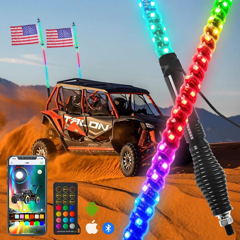 Photo 1 of  2pcs 3ft LED Spiral RGB Led Whip Light with Spring Base Chasing Light with Bluetooth and Remote Control Lighted Antenna Whips for Can-Am ATV UTV RZR Polaris Dune Buggy Offroad Truck