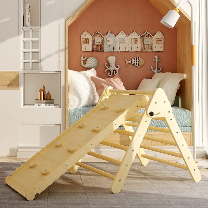 Photo 1 of Benarita Pikler Triangle Foldable Wooden Climbing Triangle Ladder with Ramp for Sliding Climbing Indoor Kids Play Gym Easy to Store Suitable for Toddlers Children Boys Girls
