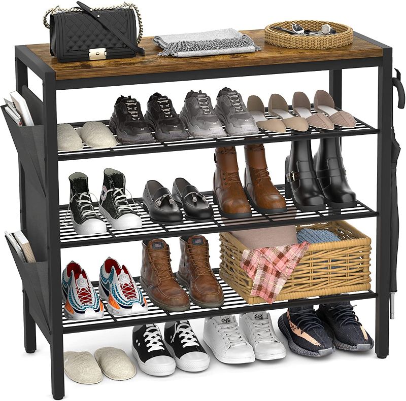 Photo 1 of Armocity Shoe Rack for Entryway, 4-Tier Shoe Rack with Shoe Pockets and Hooks, Industrial Free Standing Shoe Racks for Entryway, Hallway, Front Door, Doorway, Living Room, Laundry, Closet, Rustic
