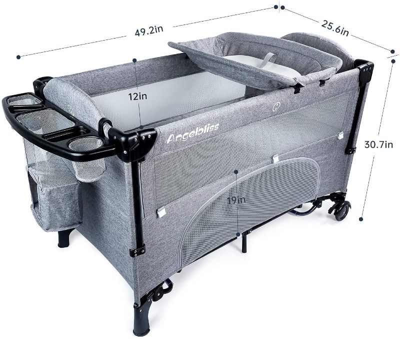 Photo 1 of ANGELBLISS 4 in 1 Baby Bassinet Beside Sleeper, Full-Size Crib with Washable Sheets, Playards Easy Folding, Playpen Include Thicken Mattress, Diaper Changer, Storage Basket for Babies (Grey)
