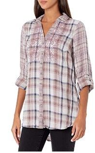 Photo 1 of Vintage America Blues Women's Nadia Plaid Button Down with Embroidery and Roll Tab Sleeves
sMALL