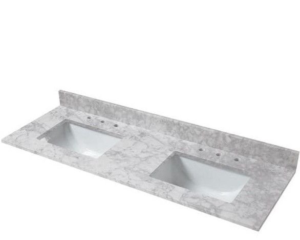 Photo 1 of 61 in. W x 22 in. D Marble Double Trough Sink Vanity Top in Carrara
