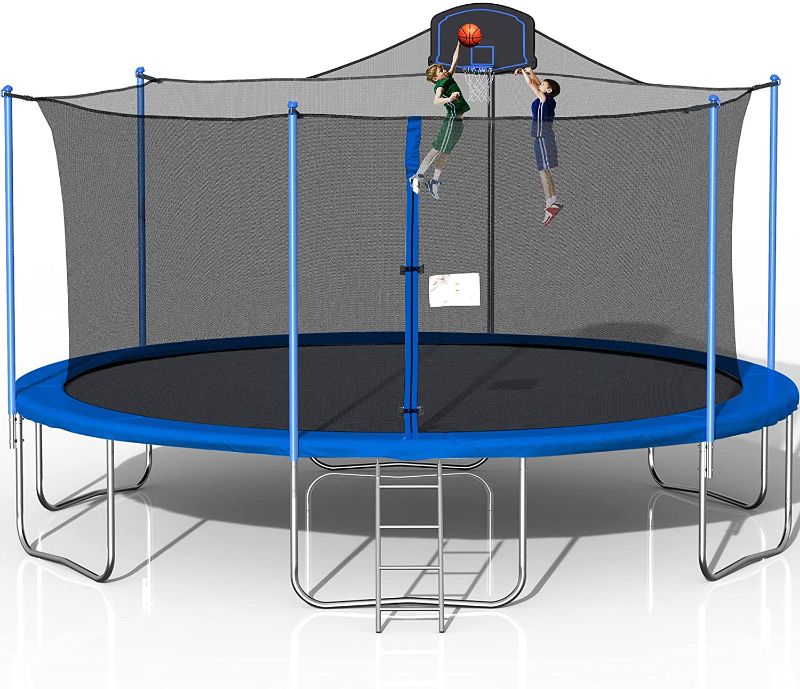 Photo 1 of 1000LBS 16FT Trampoline for Adults and Kids, Large Trampoline with Safety Enclosure Net, Basketball Hoop and Ladder, Spring Pad Mat, Capacity for 6-8 Kids BOX 3 OF 3 MISSING BOXES 1 AND 2.
