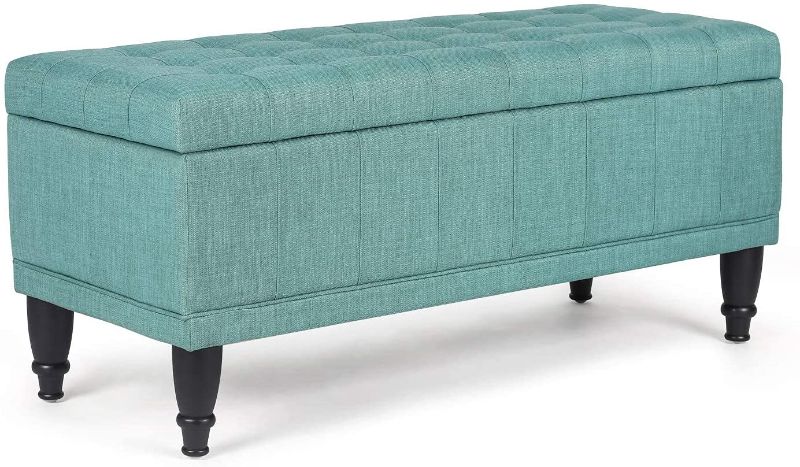 Photo 1 of Adeco 41’’ Tufted Ottoman with Storage- Light Teal Green Rectangular Lift Top Storage Ottoman- Faux Linen Upholstered Footrest with Sturdy Wood Legs
