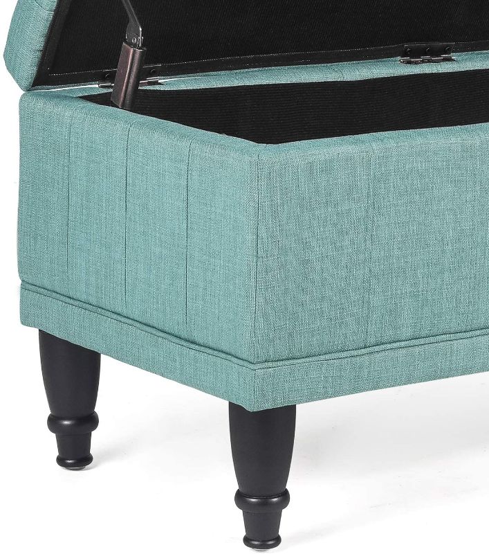 Photo 2 of Adeco 41’’ Tufted Ottoman with Storage- Light Teal Green Rectangular Lift Top Storage Ottoman- Faux Linen Upholstered Footrest with Sturdy Wood Legs
