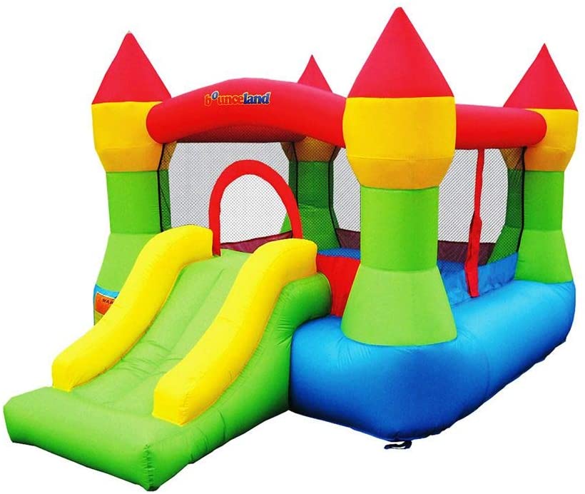 Photo 1 of Bounceland Bounce House Castle with Basketball Hoop Inflatable Bouncer, Fun Slide, Safe Entrance Opening, UL Certified Strong Blower Included, 12 ft x 9 ft x 7 ft H, Kid Castle Party Theme Bounce House
