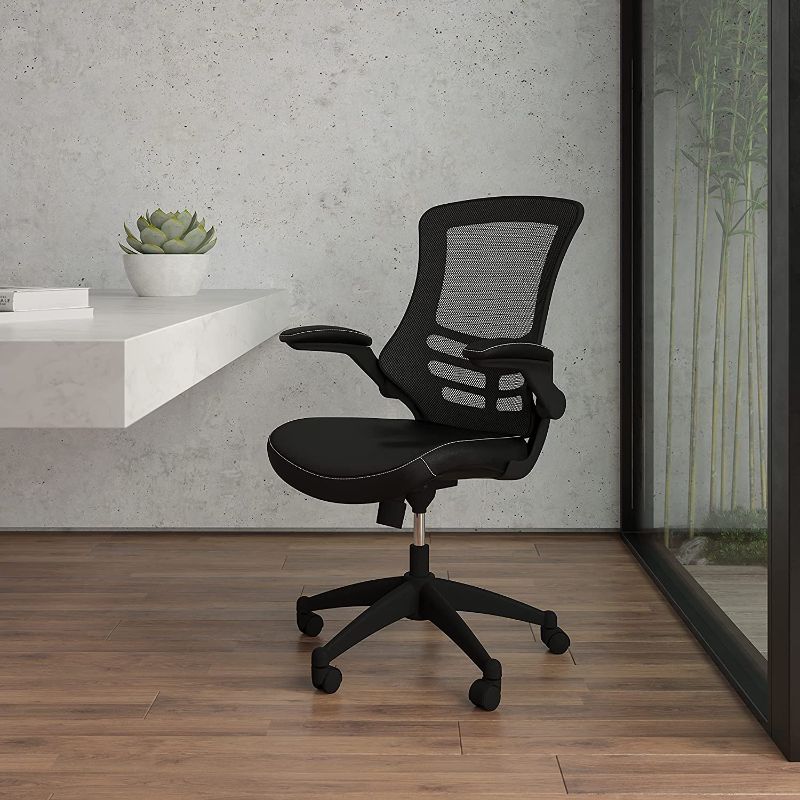 Photo 1 of Flash Furniture Desk Chair with Wheels | Swivel Chair with Mid-Back Black Mesh and LeatherSoft Seat for Home Office and Desk
