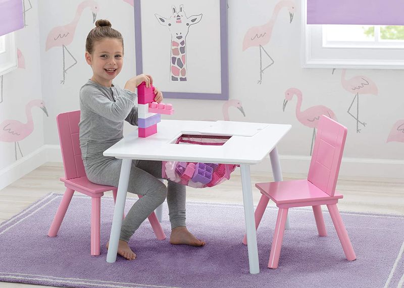 Photo 1 of Delta Children Kids Table and Chair Set with Storage (2 Chairs Included) - Ideal for Arts & Crafts, Snack Time, Homeschooling, Homework & More, White/Pink
