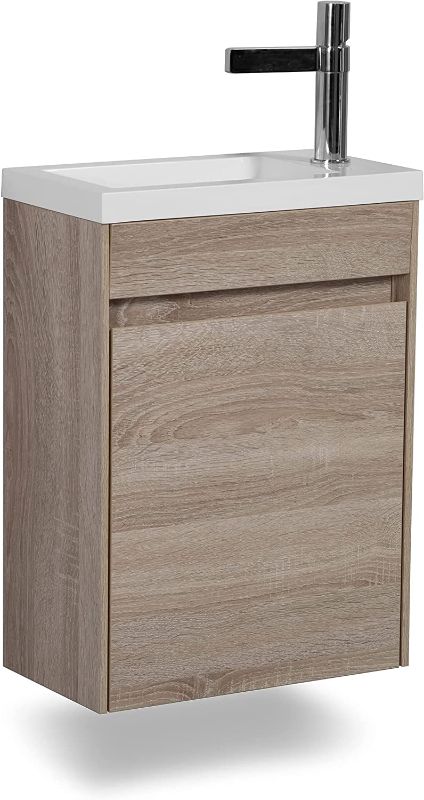 Photo 1 of 16” Small Bathroom Vanity with Sink Combo, TONA Modern Design Wall Mounted Vanity Set with Single Door & Invisible Handle, Bathroom Sink Cabinet Set for Small Space, Oak, Faucet/Drain not included