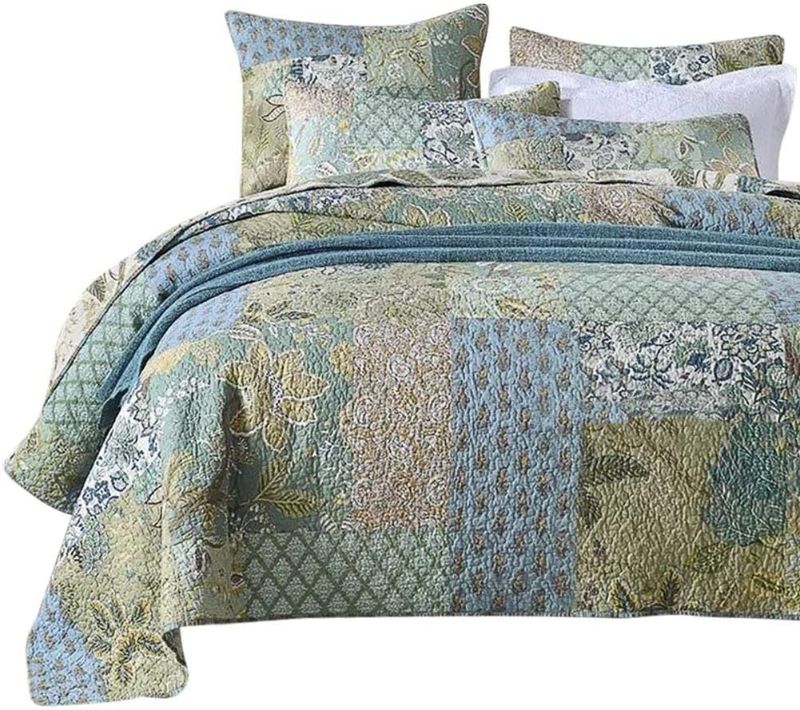 Photo 1 of MaiuFun Cotton Bedspread Quilt Sets Queen/Full Size, Reversible Bohemian Floral Patchwork with Real Stitched Plaid Patterns, 3-Piece Bedding Coverlet for All Season (1 Quilt + 2 Pillow Shams)
