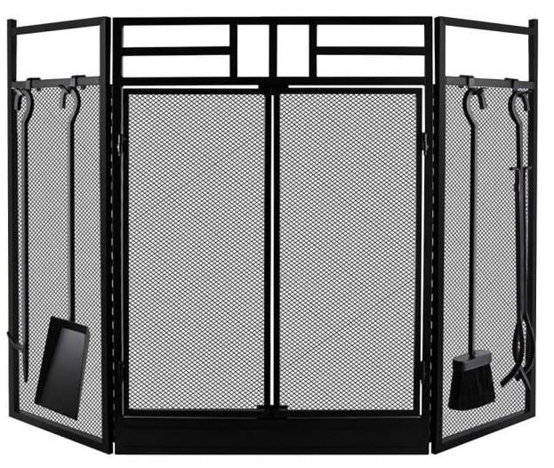 Photo 1 of 48 in. Iron 4-Panel Durable Fireplace Screen with Doors, Tools and Heavy Guage Mesh
