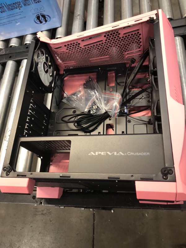 Photo 2 of Apevia Crusader-F-PK Mid Tower Gaming Case with 1 x Full-Size Tempered Glass Panel, Top USB3.0/USB2.0/Audio Ports, 4 x RGB Fans, Pink Frame


//item is damaged see picture 