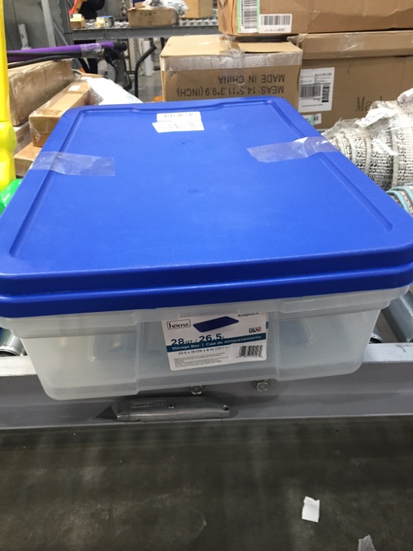 Photo 3 of **DAMAGE TO LID** 2 PACK**
HOMZ Snaplock Clear Storage Bin with Lid, Medium-28 Quart, Blue, 2 Count
