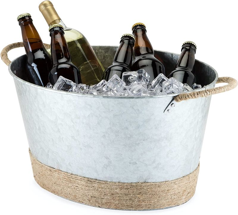 Photo 1 of **MANY DENTS**
Twine Seaside Jute Rope Wrapped Farmhouse Galvanized Ice Metal Beverage Tub, Wine, Beer Bottle Bucket, 4.5 Gallons
