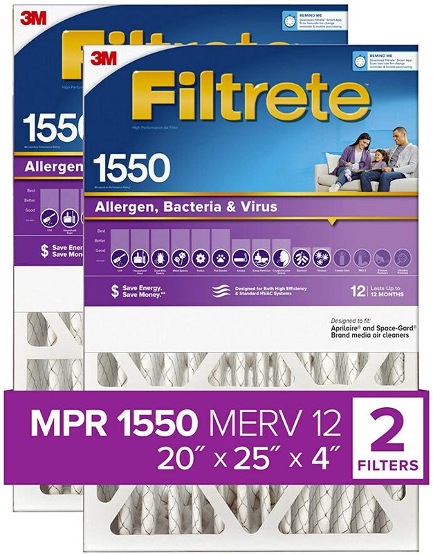 Photo 1 of **DAMAGED**
Filtrete 20x25x4, AC Furnace Air Filter, MPR 1550 DP, Healthy Living Ultra Allergen Deep Pleat, 2-Pack (actual 19.88 x 24.63 x 4.31)
