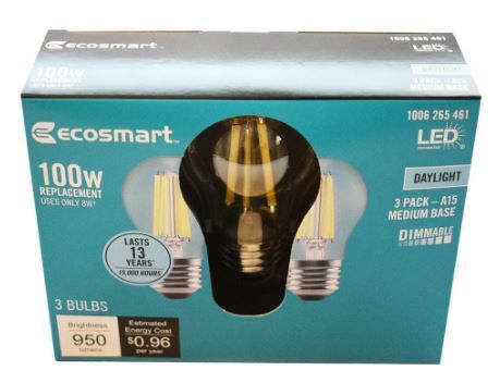 Photo 1 of 100-Watt Equivalent A15 Dimmable Appliance Fan Clear Glass Filament LED Vintage Edison Light Bulb Daylight (3BULBS) (4 pack/12 bulbs total)

