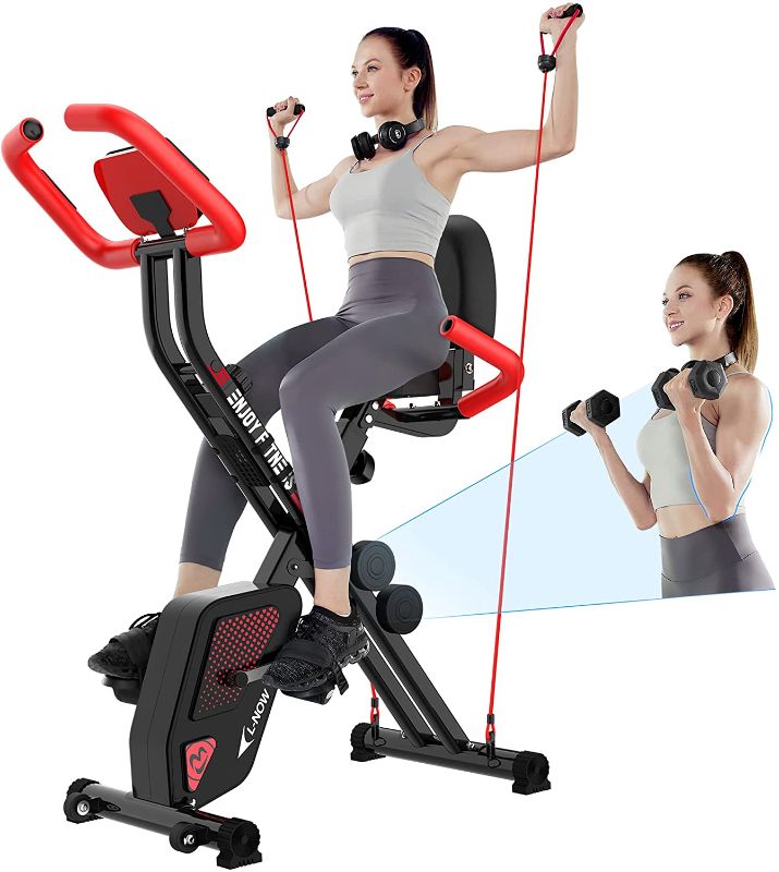 Photo 1 of ***MISSING PARTS*** pooboo Foldable Exercise Bike Indoor Cycling Bike Magnetic Upright Bike Stationary Bike with Arm Resistance Bands,Pulse Sensor,LCD Monitor,Dumbbells
