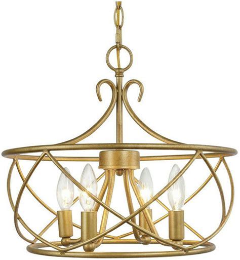 Photo 1 of 4-Light Antique Gold Modern Drum Chandelier with Open Cage and Candlestick
