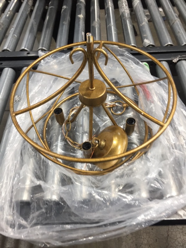 Photo 2 of 4-Light Antique Gold Modern Drum Chandelier with Open Cage and Candlestick
