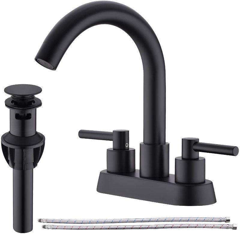 Photo 1 of 2 Handle Bathroom Faucet with Pop Up Drain Assembly & cUPC Water Supply Lines 4 Inches Centerset Stainless Steel Mixer Tap, Matte Black
