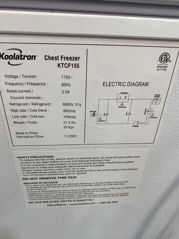 Photo 6 of ***PARTS ONLY*** Koolatron KTCF155 Compact Chest 5.0 Cubic Feet Capacity and Removeable Wire Basket-Mini Freezer Ideal for Home, Apartment, Condo, Cabin, Basement-White
