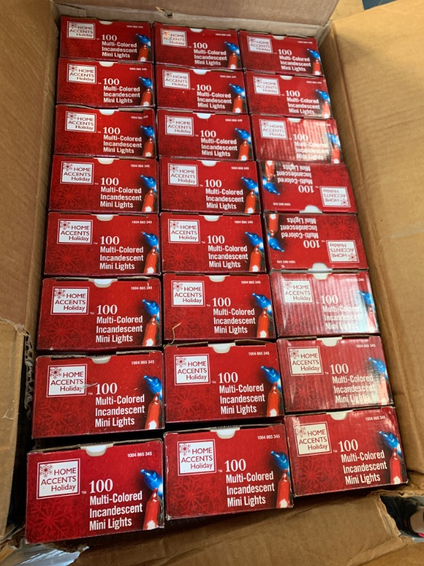 Photo 1 of 22 ft. 100-Light Mini Incandescent Multi Color String Light with Green Wire
AS IS CASE OF 24 BOXES 
