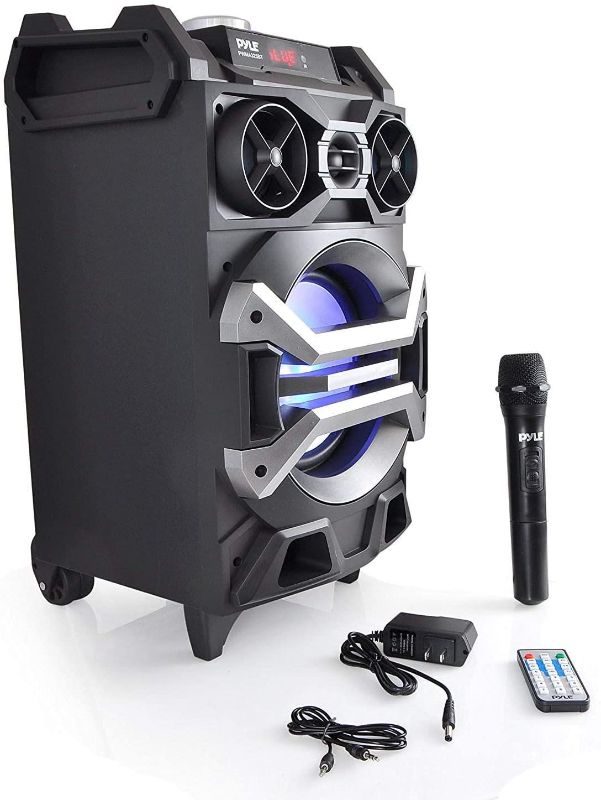 Photo 1 of Pyle 500 Watt Outdoor Portable BT Connectivity Karaoke Speaker System - PA Stereo with 8" Subwoofer, DJ Lights Rechargeable Battery Microphone, Recording Ability, MP3/USB/SD/FM Radio - PWMA325BT