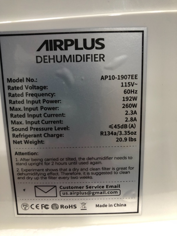 Photo 3 of AIRPLUS 30 Pints Dehumidifier for Medium Spaces and Basements (AP1907)