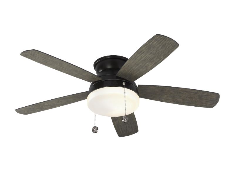 Photo 1 of Monte Carlo Fans Traverse Semi-Flush Ceiling Fan - Body Finish: Black - Blade Color: Light Grey Weathered Oak - 5TV52AGPD-V1  glass cover was broken and removed from box
