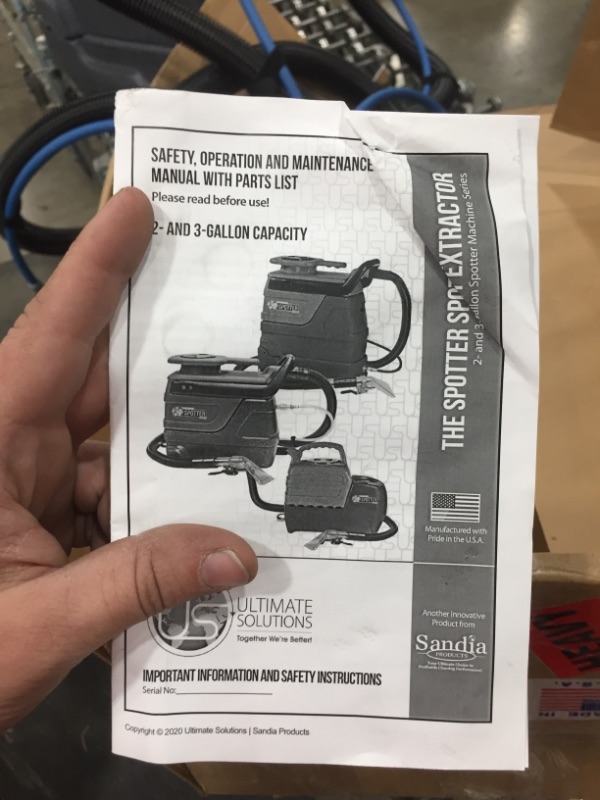 Photo 1 of Sandia 50-1001 Spotter 3-Gallon Spot Extractor 55 PSI w/ 7 ft. Vacuum and Solution Hoses & 4” Stainless Steel Upholstery Tool