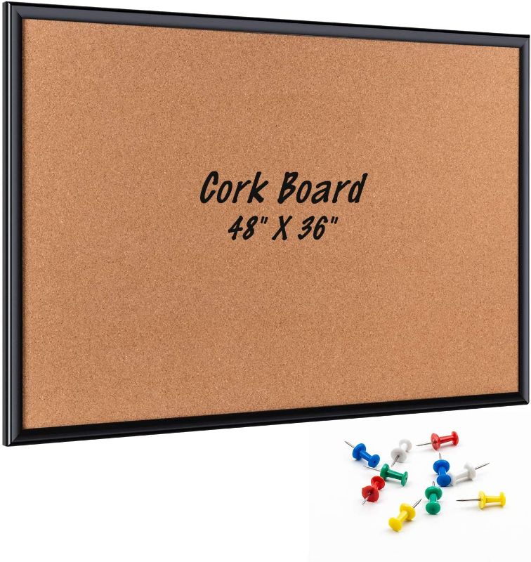 Photo 1 of 48 x 36 Inch Cork Board with 10 Color Pins, Bulletin Board with Black Frame for Home, Office, School, Cubicle, etc
**MINOR DAMAGE**
