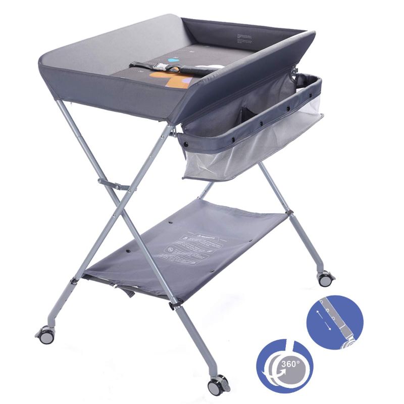 Photo 1 of EGREE Baby Changing Table Portable Folding Diaper Changing Station with Wheels, Adjustable Height Mobile Nursery Organizer with Safety Belt and Large Storage Racks for Newborn Baby and Infant, Gray
**MISSING 3 WHEELS**
