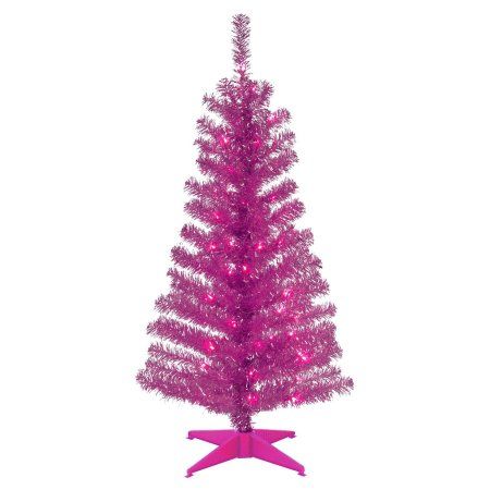 Photo 1 of  National Tree 4 Ft Tinsel Tree with Clear Lights-Color:Pink

