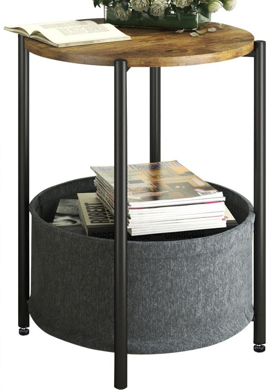 Photo 1 of Allewie Round Side Table with Fabric Storage Basket, Industrial End Table, Bedside Table, Coffee Table with Metal Frame, Accent Table, 24" Height, Wooden, Brown
