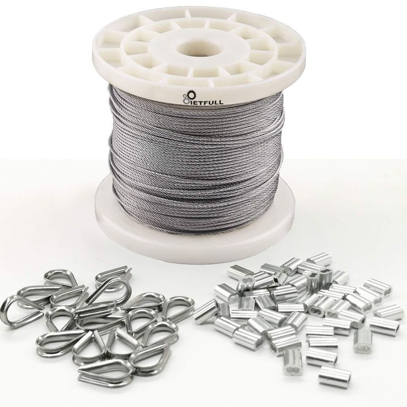 Photo 1 of 1/16 Wire Rope Kit with 50psc Stainless Steel Thimble and 50pcs Aluminum Crimping Sleeves,IETFULL Stainless Steel 304 Wire Cable,7x7 Strand Core,328FT Length Cable,368 lbs Breaking Strength Backyard