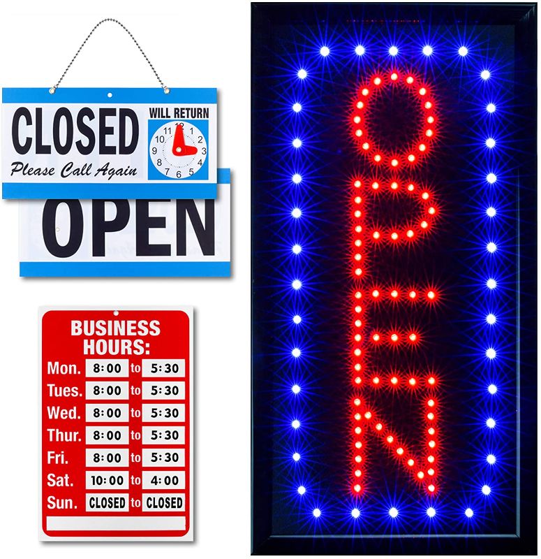 Photo 1 of Ultima LED Neon Open Sign for Business: Vertical Lighted Sign Open with Flashing Mode – Indoor Electric Light up Sign for Stores (19 x 10 in) Includes Business Hours and Open & Closed Signs
