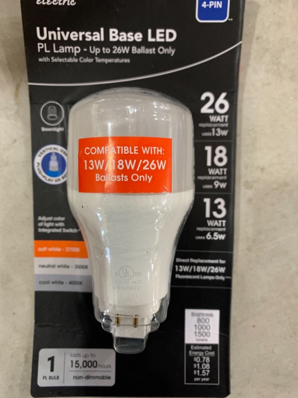 Photo 1 of 13-Watt/18-Watt/26-Watt Equivalent PL Vertical 4-Pin Universal Color Select (2700K,3500K,4100K) LED Light Bulb (1-Bulb)
