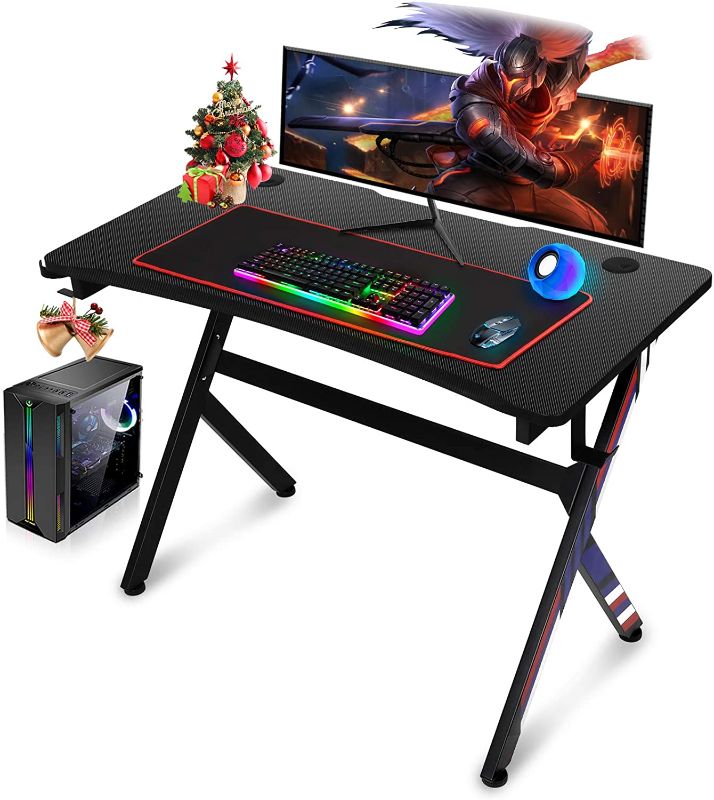 Photo 1 of Gaming Desk, 45 INCH R Shaped Home Office PC Computer Table, Desk for Gaming with Free Mouse pad,Cup Holder and Headphone Hook(Black)