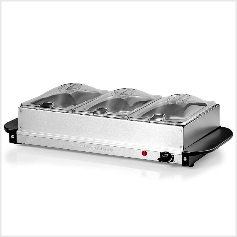 Photo 1 of Ovente Electric Triple Buffet Server & Food Warmer Station with 3 Portable Stainless Steel Chafing Trays & Clear Lids, Adjustable Temperature Control Perfect for Holiday Dinner & Party, Silver FW173S
