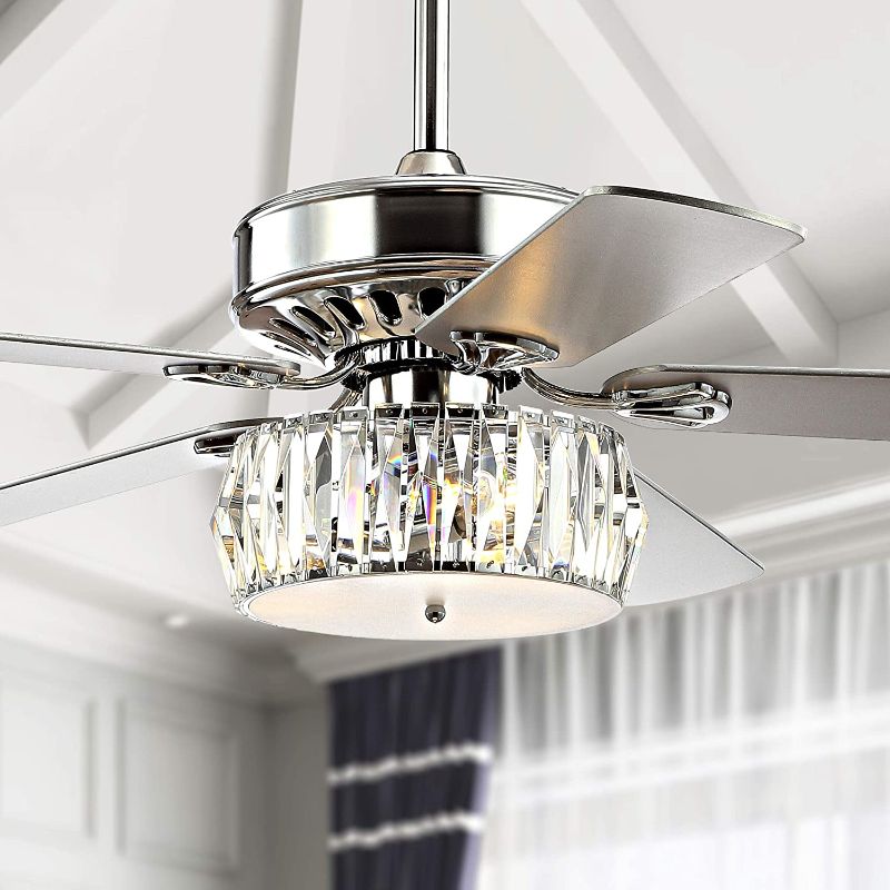 Photo 1 of JONATHAN Y JYL9706A Transitional Mandy 3-Light Fandelier with Remote, Crystal Prism Drum LED Ceiling Fan, 52", Chrome
