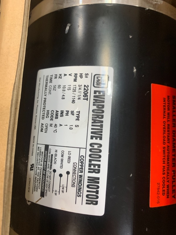 Photo 1 of 2-Speed 3/4 HP Evaporative Cooler Motor
