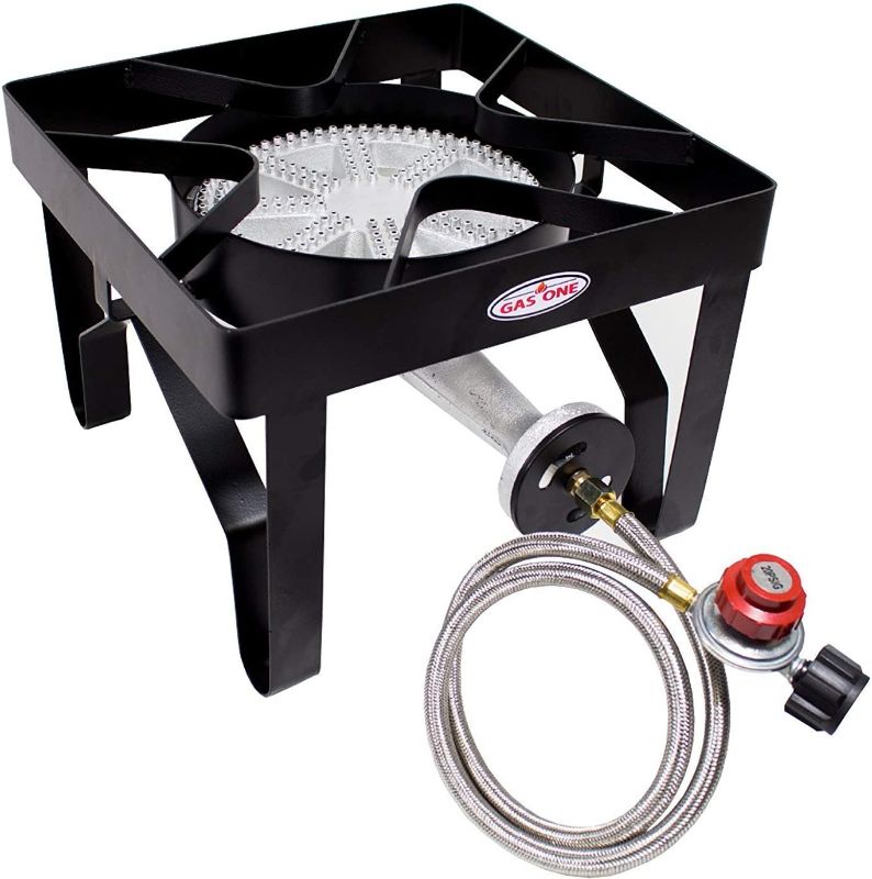 Photo 1 of GasOne 200, 000 BTU Square Heavy- Duty Single Burner Outdoor Stove Propane Gas Cooker with Adjustable 0-20Psi Regulator & Steel Braided Hose Perfect for Home Brewing, Turkey Fry, Maple Syrup Prep
AS IS USED, MINOR DAMAGE (LEG BENT) PLEASE SEE PHOTOS 