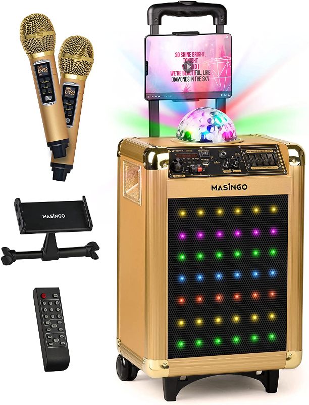Photo 1 of MASINGO Bluetooth Karaoke Machine for Adults and Kids - Portable Singing Equipment Set W/ 2 Wireless Karaoke Microphones - PA Speaker System with Disco Ball Lights & TV Cable-Soprano X1 (Gold)
//tested power on //missing remote 