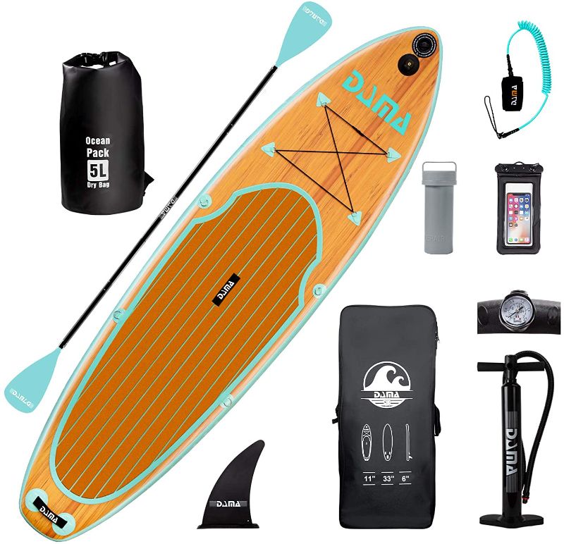 Photo 1 of 
DAMA 9'6"/10'6"/11'Inflatable Stand Up Paddle Board, Yoga Board, Camera Seat, Floating Paddle, Hand Pump, Board Carrier, Waterproof Bag, Drop...
Color:Nature wood 11'*33"*6"