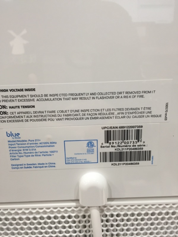 Photo 4 of Blueair Blue Pure 211+ Air Purifier 3 Stages with Two Washable Pre-Filters, Particle, Carbon Filter, Captures Allergens, Odors, Smoke, Mold, Dust, Germs, Pets, Smokers, Large Room

//SIMILAR TO REFERENCE PHOTO, TESTED AND FUNCTIONAL 