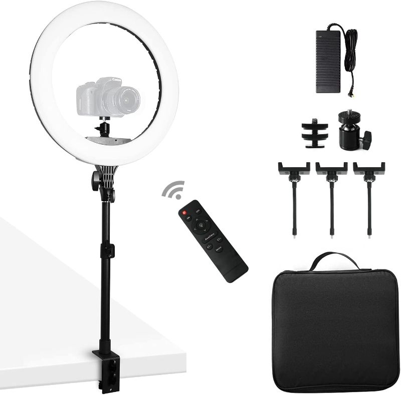 Photo 1 of RAUBAY 18" LED Ring Light with Desk Mount Stand and Phone Holder, Selfie Circle Light with Stand C-Clamp for Live Stream, Video Conferencing, YouTube, TikTok, Make up
