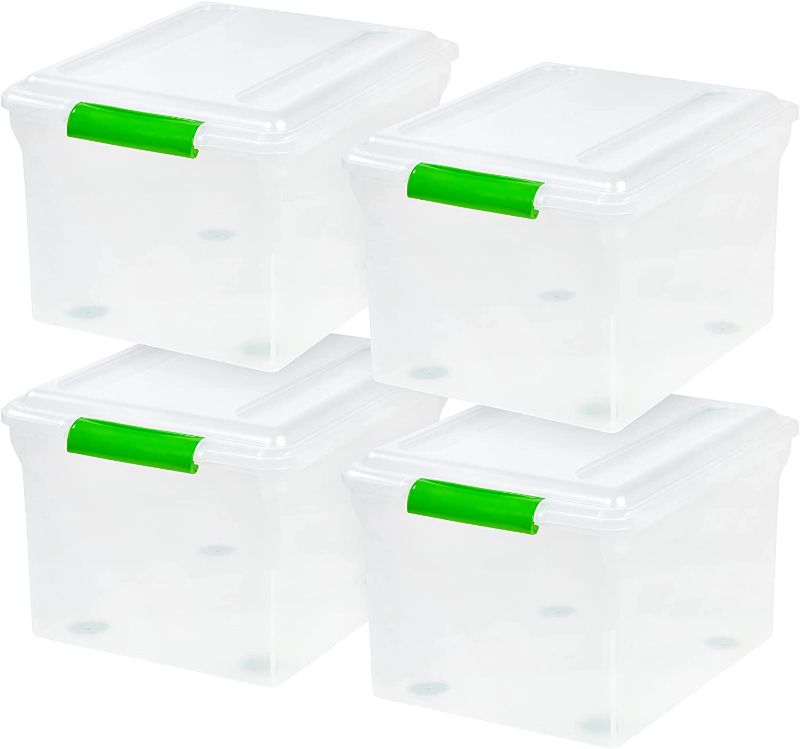 Photo 1 of IRIS USA Letter & Legal Size Plastic Storage Bin Tote Organizing File Box with Durable and Secure Latching Buckle Lid, Stackable and Nestable, 4 Pack, Clear and Green Buckle
